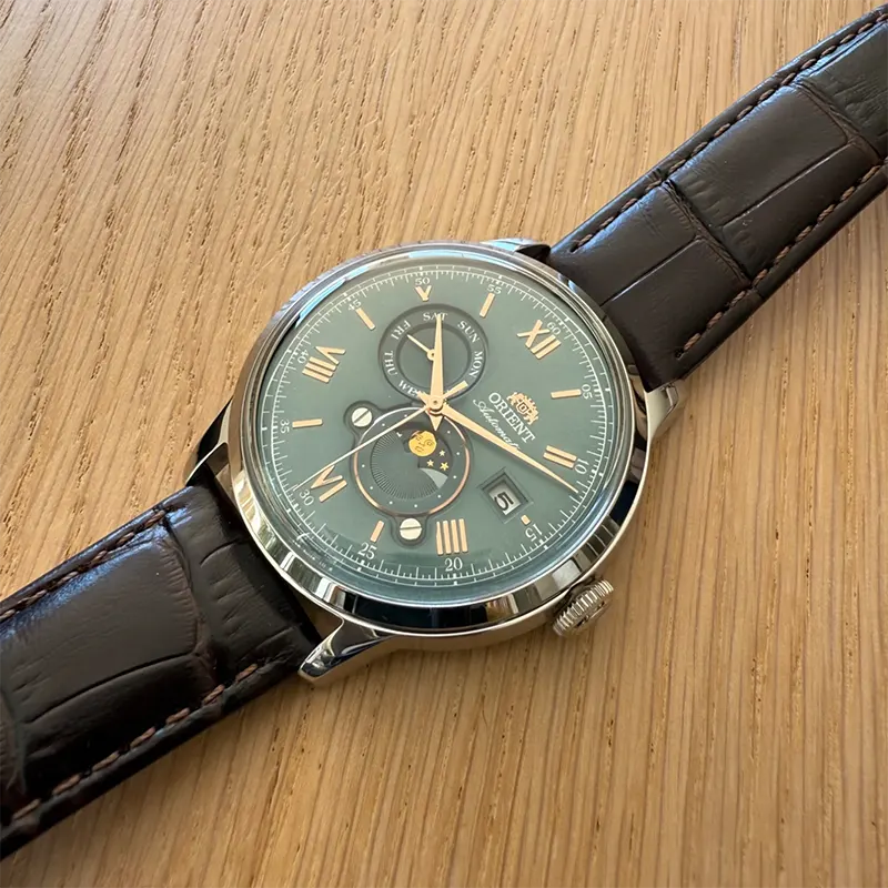 Orient Bambino Sun and Moon Green Dial Men's Watch- RA-AK0805E